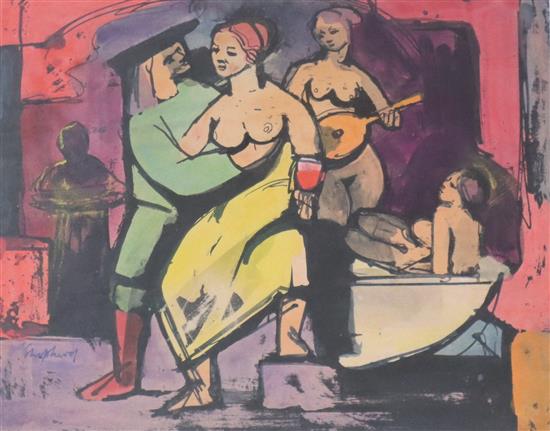 Sydney Horne Shepherd (1909-1993) ink and watercolour, Brothel scene, signed, 20 x 25cm